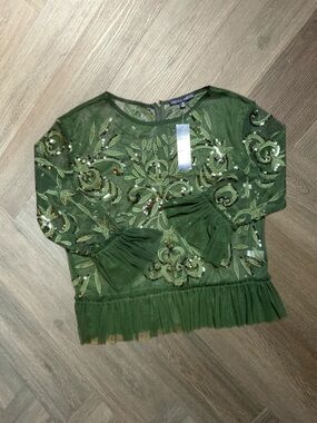 Indigo Moon Top Womens Medium‎ Green Sheer Embroidered Sequin Ruffle Hem
